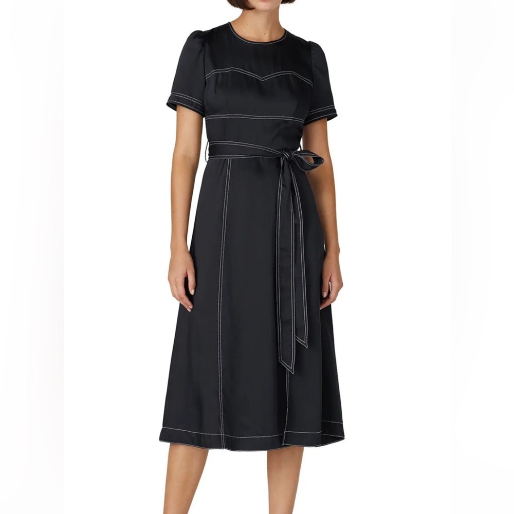 Great Jones Contrast Stitch Belted Tie Waist Short Puff Sleeve Midi Dress Black